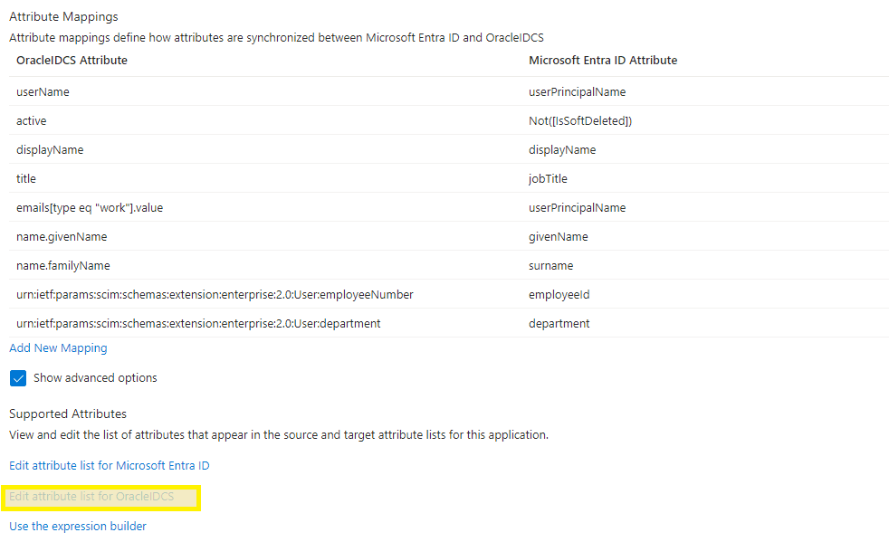 Edit attribute list for OracleIDCS