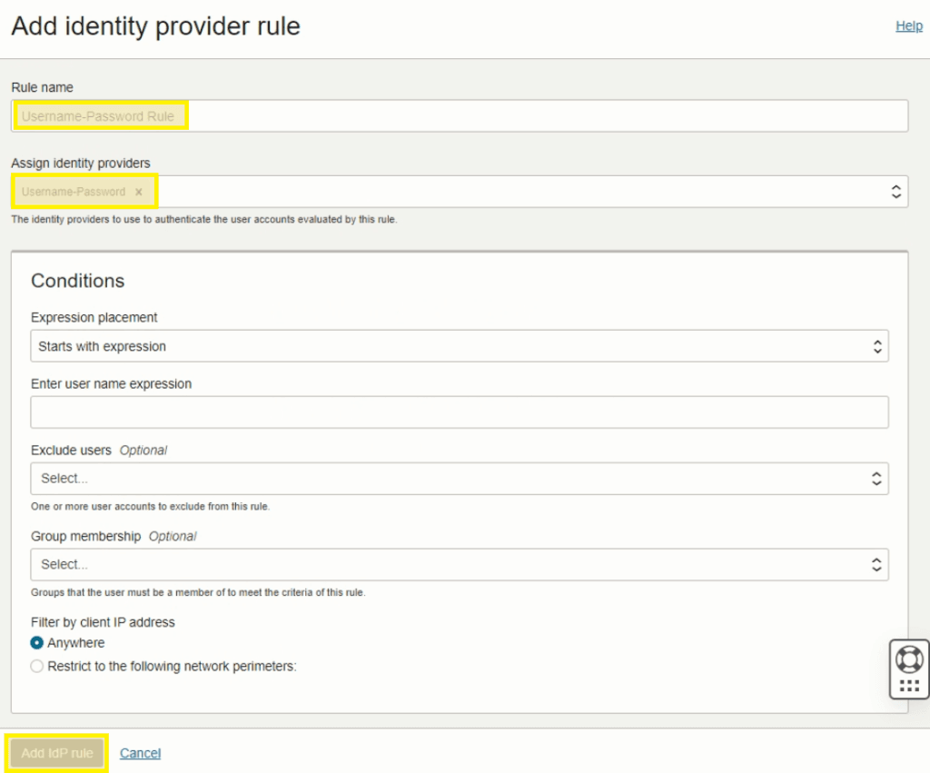 Rule name and identity provider configuration